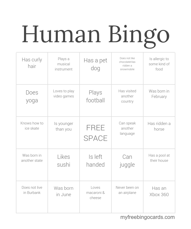 Free printable human bingo cards